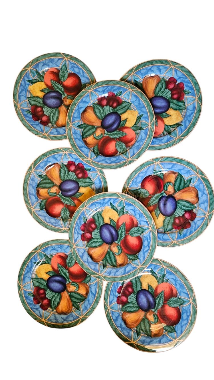 Victoria Beale Forbidden Fruit 9024 Salad Luncheon Plates Set 8 Fruit Blue